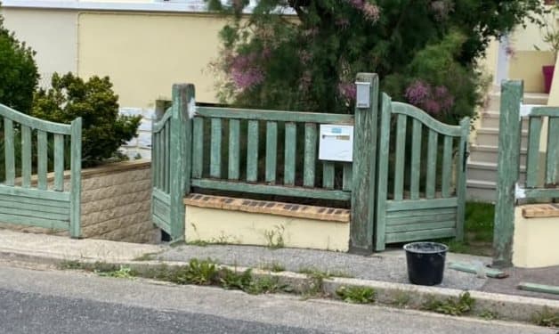 Portail et clôture en bois au vert délavé